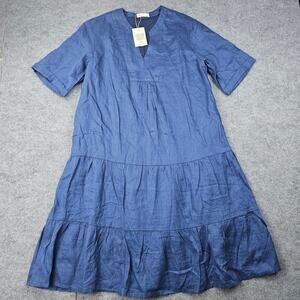 Grae Cove Linen Dress Womens Large Blue Tiered Midi Summer Coastal Minimal